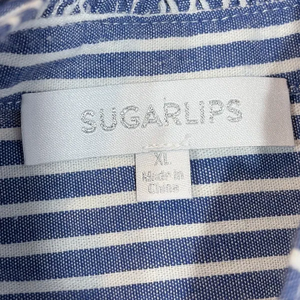 Sugarlips Button Down Shirt Blue White Striped Ruffle Neck Puff Sleeve Large - Image 4