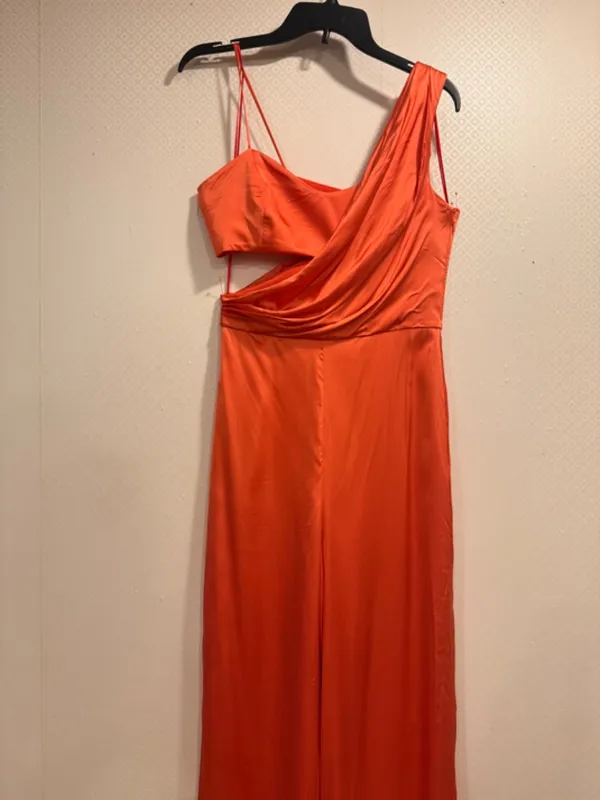 AMUR Blynn Spicy Coral Asymmetrical Pleated Drape Jumpsuit Formal Size 4 - Image 9