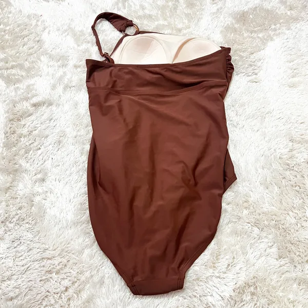 Brown One Piece Swimsuit Womens XL One Shoulder Ruched Padded Bathing‎ Suit - Image 2