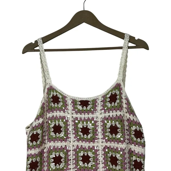 Pink Lily Crochet Granny Square Patchwork Mini Dress Green Brown Boho Size L - Image 2