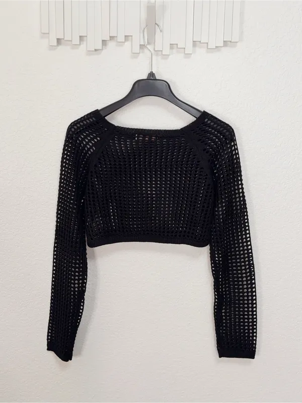 Zenana Black Open Knit Crochet Long Sleeve Cropped Bolero Shrug Top - Image 6