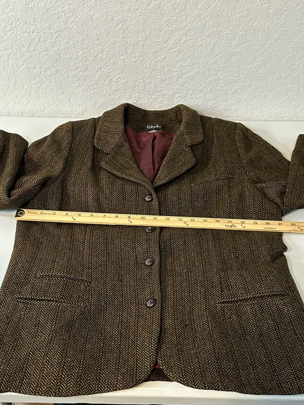 Vintage 2000s Rafaella Women’s Brown Herringbone Tweed Wool Blazer Size 16 - Image 6