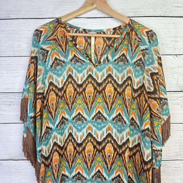Anthropologie UNCLE FRANK Boho Chevron Tassled Blouse Paisley Women's Size Small Beach Kimono‎ - Image 2