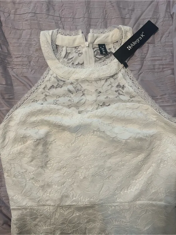 White Lace with Satin Finish Halter Sheath Dress Size M - Image 11