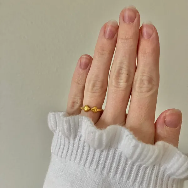 Two Hearts Gold Bow Petite Ring “Angel” Classic Girly Femme Band Stacking Neutral Jewelry - Image 2