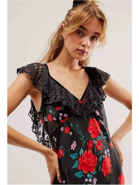 Free People Warm‎ Hearts Satin Midi Dress Size XS Lace Floral Dainty Romantic - Image 3