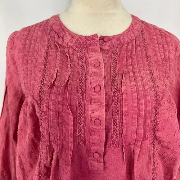Anthropologie Pilcro Swiss Dot Peasant Blouse Long Sleeve Button‎ Front Pink XS - Image 2