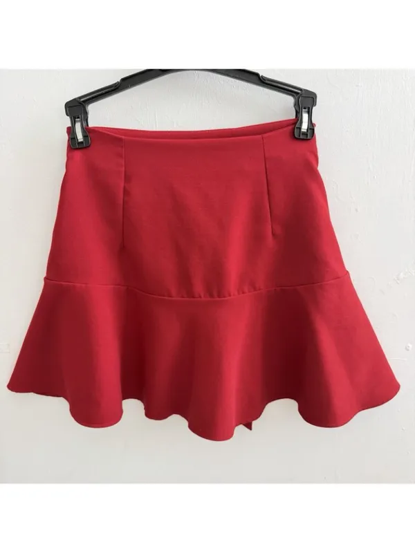 NEW Zara Red Ruffled Mini Skort Skirt High Waisted Tie Belt Shorts SMALL Womens - Image 7