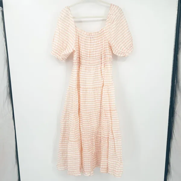 Moon River Womens Milkmaid Resortwear‎ Poplin Striped Puff Sleeve Midi Dress M - Image 8