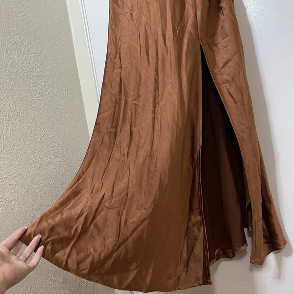 NEW! Selfie Leslie Well Versed Pleated Bust Front Split Slip Dress Chocolate MED - Image 8