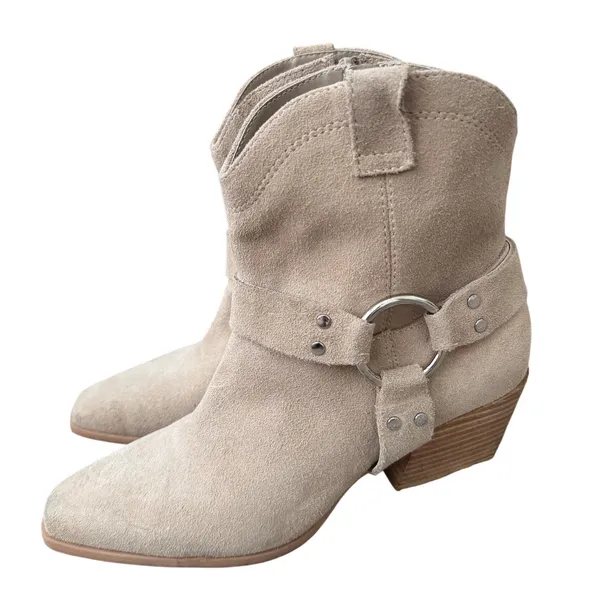 Open Edit Beige Suede Leather Harness Western Ankle Boots Size 6M - Image 3