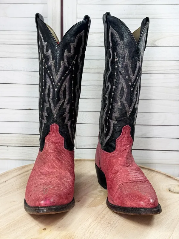 Vintage Dan Post Ostrich Leather Stitched Upper Cowgirl Boots Pink Black‎ 7.5 - Image 2