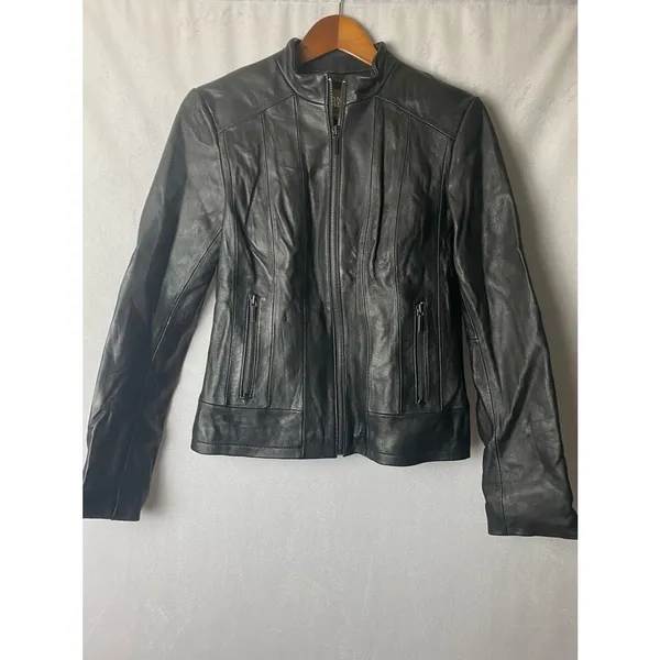Wilson Black Leather Stand-Collar Zip Moto Grunge Sleaze Fitted Jacket S - Image 2