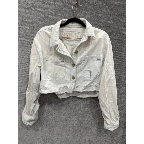 Free People Women Jacket Small White We The Free Cropped Raw Hem Cotton Linen - Image 3