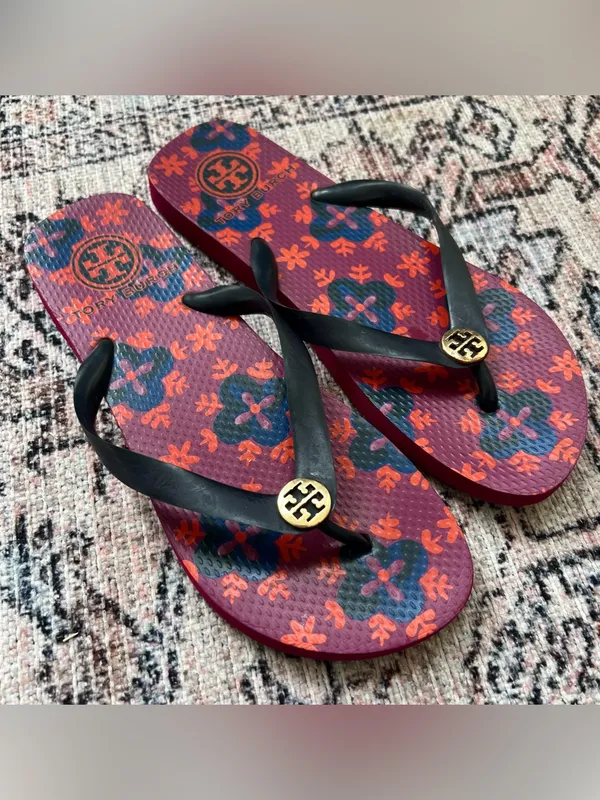 TORY BURCH Flip Flops Women’s Size 8 Magenta and Blue Thong Strap Beach Sandals - Image 3