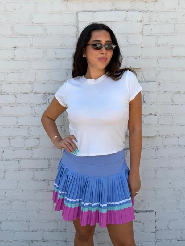Target Aralina blue & pink striped pleated mini tennis gold skirt sz L #preppy #tennis #oldmoney - Image 3