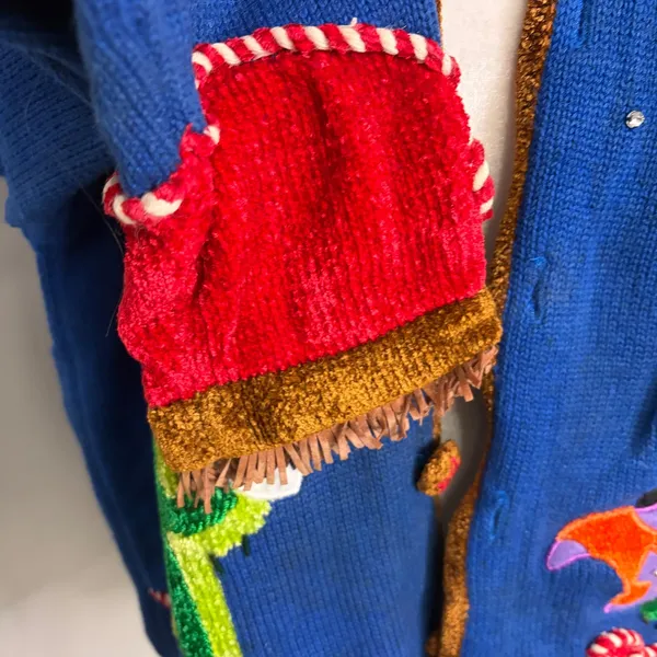 Vintage Western Cactus Cowboy Boot Embroidered Cardigan Blue Chenille Fringe L - Image 6