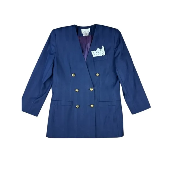 Vintage 80s Worthington Petite Navy Blue Blazer Double Breasted 6P Power Suit - Image 2