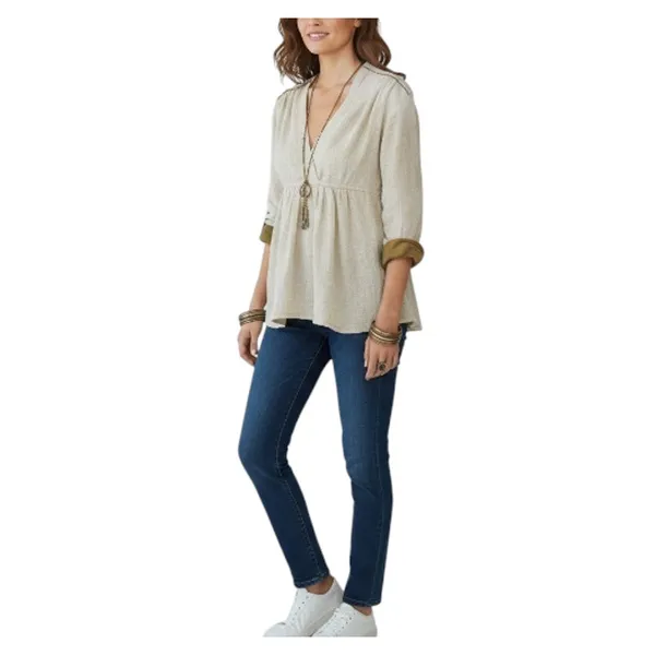 FREE PEOPLE V-Neck Blouse-Tunic Women M Olive Coastal Boho Cottage Western City - Image 2