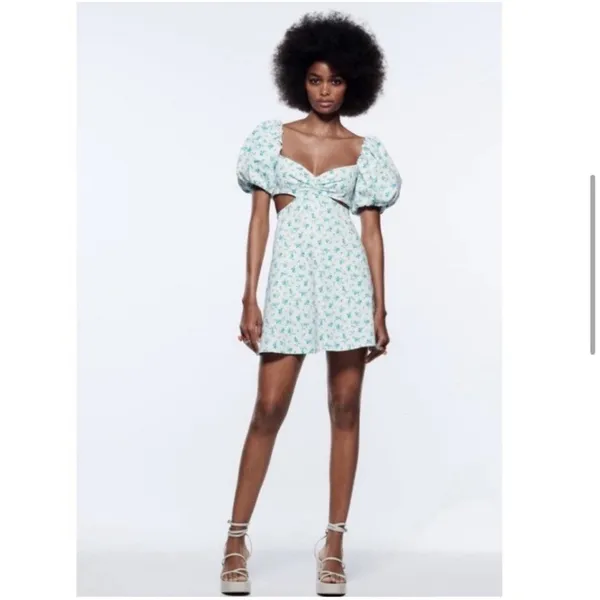 Zara White and Blue Floral Puff Sleeve Mini Dress - Image 3