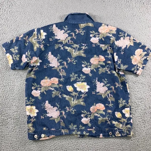 Vintage 90s Floral‎ Denim Shirt Women L Button Up Retro Western S/S Rodeo Boho - Image 2