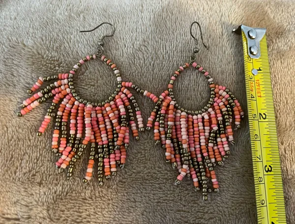 Pink/Gold Seed Beaded Earrings Bohemian Long Drop Dangle Jewelry. - Image 3