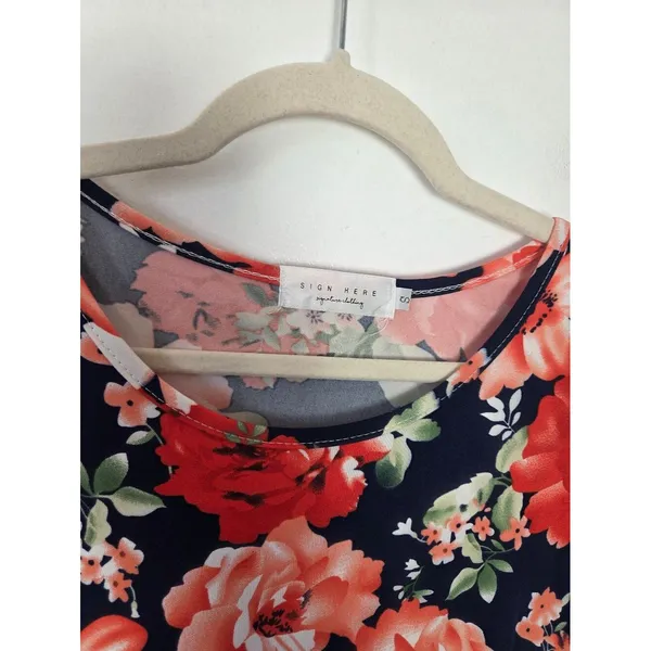 Sign Here Bright Red Floral Swing Midi Dress Jersey Modest Teacher Comfy Small - Image 6