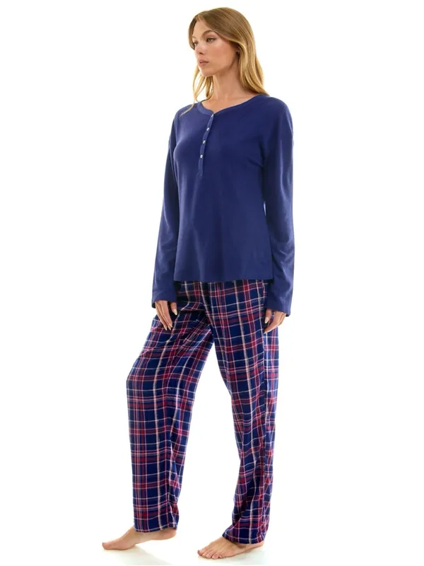 Croft & Barrow Henley Top & Rayon Pajama Bottom Set Dina Plaid Large NWT - Image 3