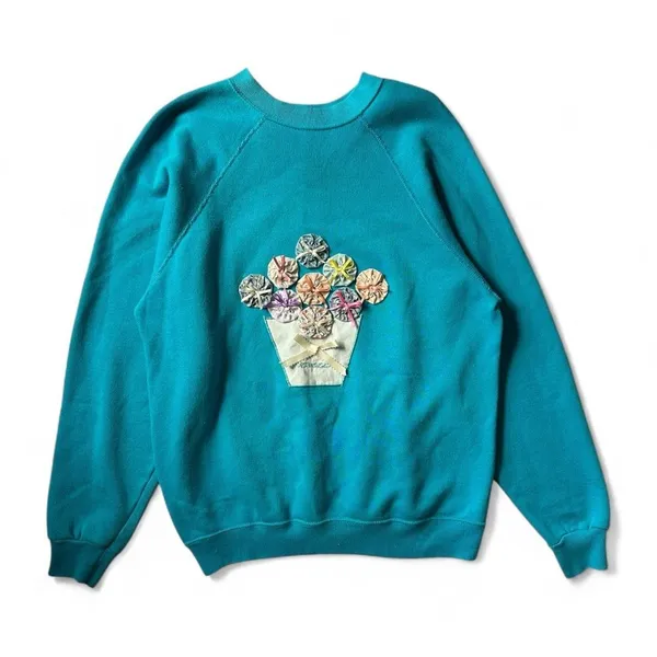 Vintage Tultex Super Sweats Sweatshirt L Teal Floral Applique Made USA 90s - Image 5