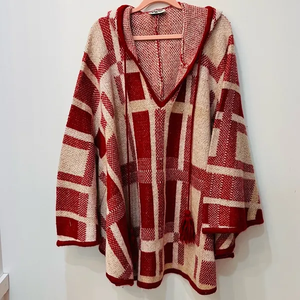 Show Me Your Mumu Red Kellan Poncho Hooded Tassel Oversized Boho Small M… - Image 3