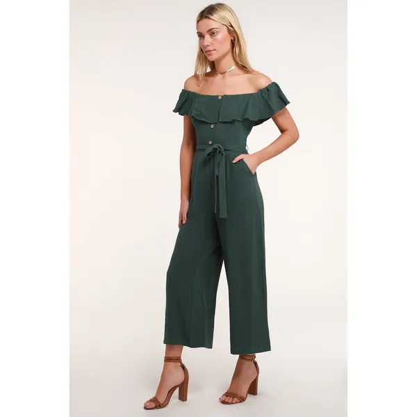 Lulu's‎ June Bloom Dk Green Linen Culotte Jumpsuit Size XS Off Shoulder - Image 9