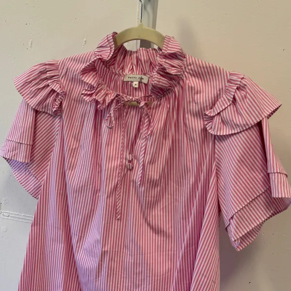 Patty Kim Pink White Striped Ruffle Neck Tiered Sleeve Blouse Medium Boho - Image 4