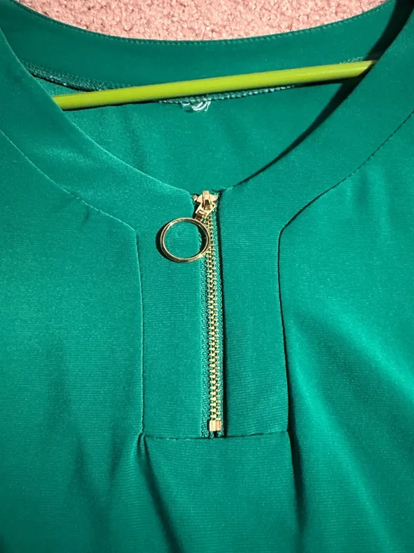 Women's Green Zip-Neck Blouse with Grommet Shoulder Detail - Image 2