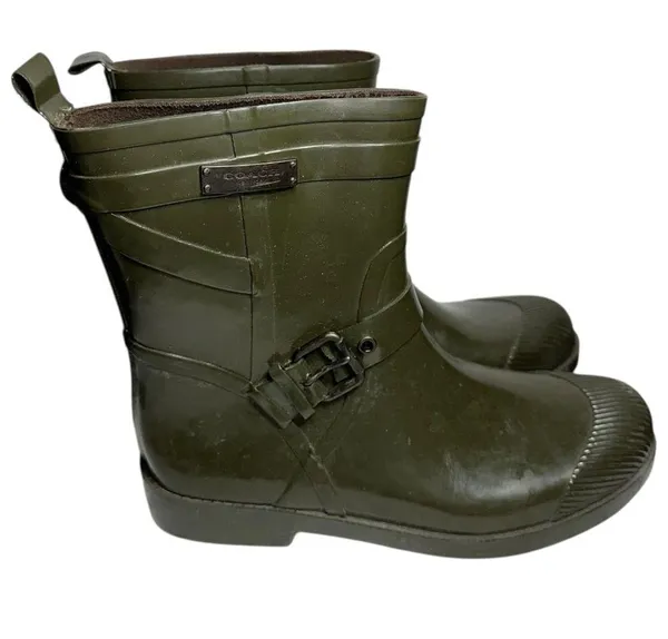 Coach Women’s Size 9 Fatigue Army Green Lester Shiny Rubber Rain Water Boots - Image 7