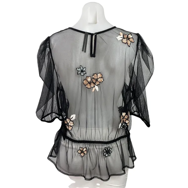 By Anthropologie Black Floral Embellished Sequin Sheer Mesh Peplum Crop Top Sz L - Image 3