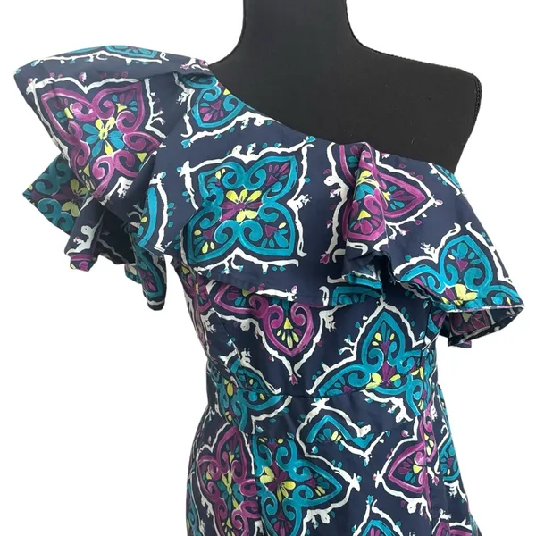 Josie natori premium cotton printed ruffle flare mini off shoulder dress - Image 4