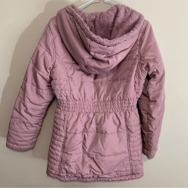 Long Puffer Coat Fur Lined Pink Hoodie Pockets DKNY - Image 5