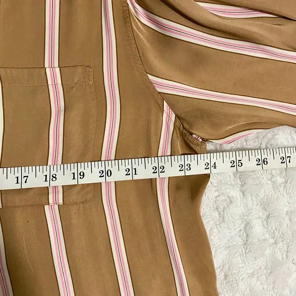 Aerie Tan Striped Satin PJ-To-Party Long Sleeve Button-down Casual Shirt S - Image 10