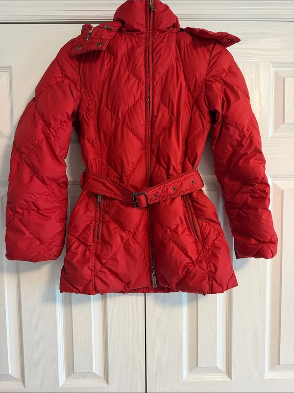 Burberry London Women’s XS Red Hooded Puffer Jacket Belted Double Zip - Image 2
