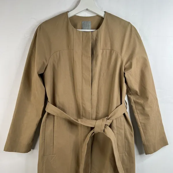 COS women’s Size 34 S Trench Coat Belted Jacket Khaki‎ Long Collarless Pockets - Image 3