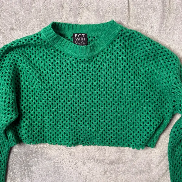 Green Open Knit Cropped Fishnet Sweater Size L See Through‎ Layering Festival - Image 7