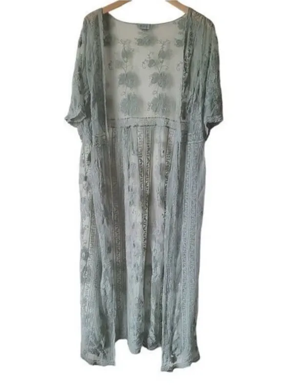POL Sage Green Floral Lace Embroidered Maxi Kimono Duster Size S/M - Image 2