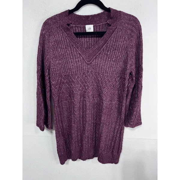 Cabi Small‎ Purple Tunic Sweater Women's V-Neck Cable Knit Bell Sleeve - Image 4
