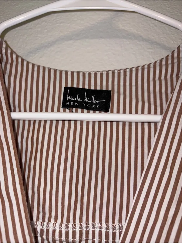 Nicole Miller Brown White Striped V-Neck Tiered Romper Dress Cap Sleeve Smocked - Image 5