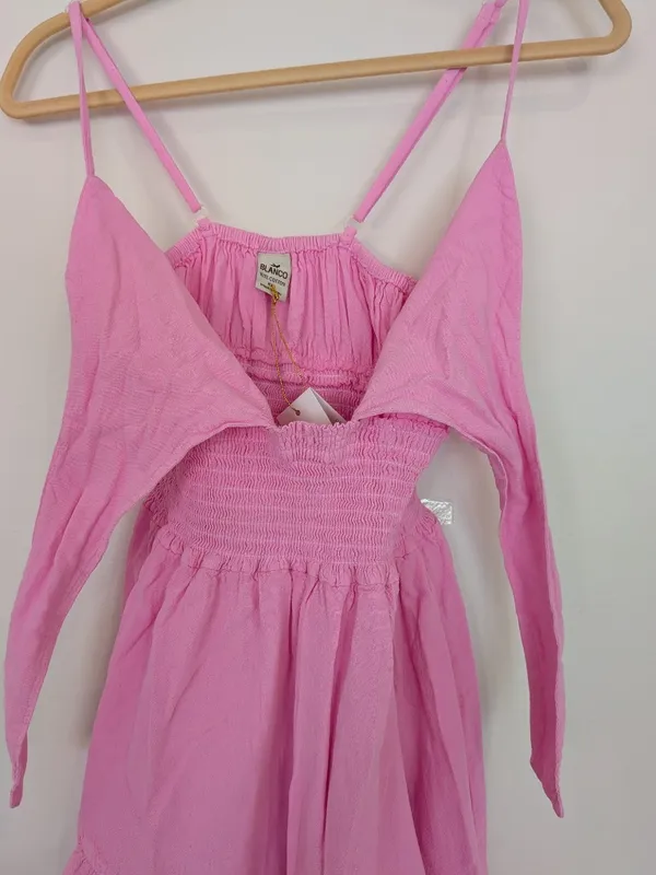Hot Pink Barbie Bubble Gum Pink Tie Front Ruffle Cotton Dress Size M/L NWT - Image 13