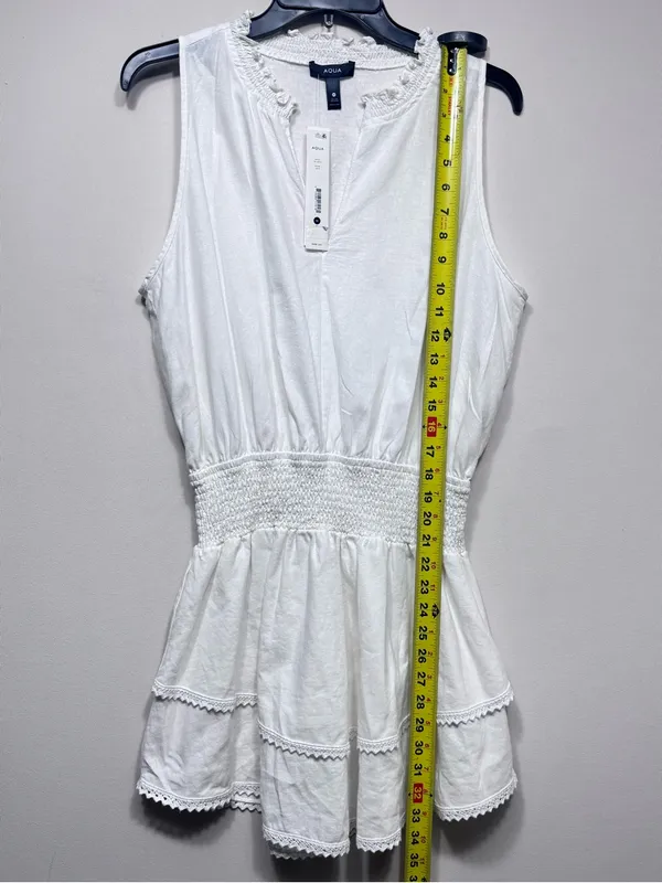 Aqua White Sleeveless Smocked Waist Linen Blend Mini Dress Size medium NWT - Image 4