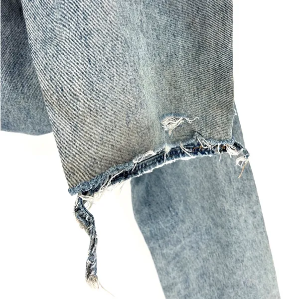 White Fox Small Blue Acid Wash Crossover Waist Straight Leg Jeans STAINED - Image 6