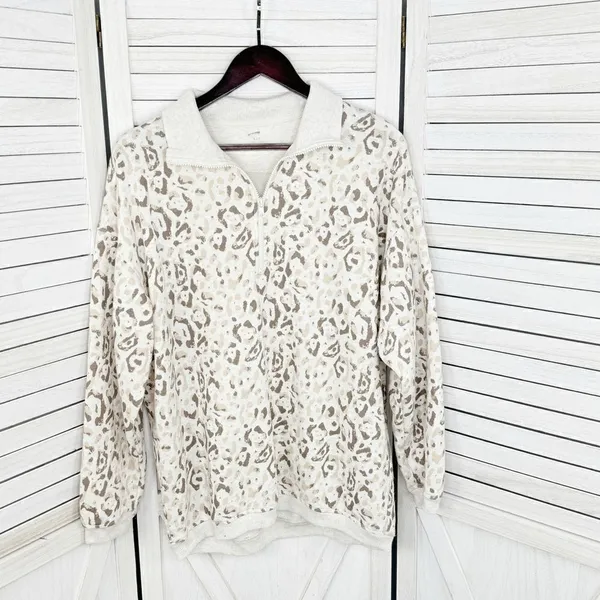Aerie Leopard Print Oversized‎ Sweatshirt Cream Tan Beige Small Quarter Zip - Image 8