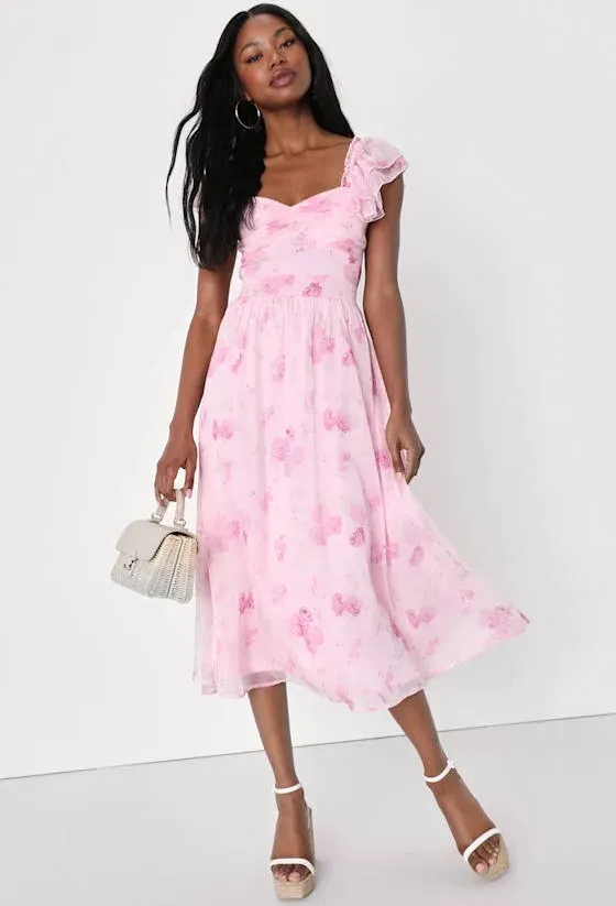 NWOT Lulus Loveliest Darling Light Pink Floral Ruffled Tie-Back Midi Dress. Size Medium - Image 4