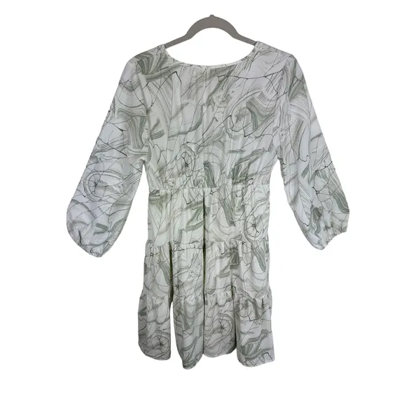 Entro NWT Sage Green Cream 3/4 Balloon Sleeve Tiered‎ Ruffled Above Knee Dress S - Image 2